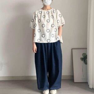 Japanese NWOT Embroidered Geometric Pattern Linen Blouse - One Size